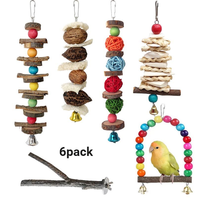 Small Parrot Toy Colorful Bead Vine Ball Cuttlefish Bone Loofah Bird Chewing Supplies Branch Perch Swing Set