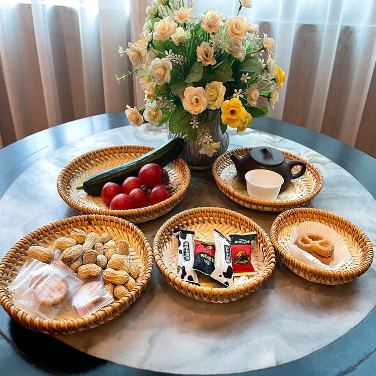 Bamboo Hotel Plate, Home Bamboo Woven Pastry Fruit Basket, Natural Bamboo White Bottom Plate, Rattan Woven Lock Edge Bamboo Plate