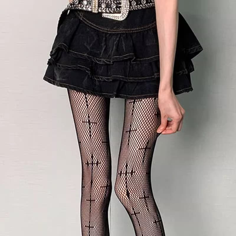 Spicy Black Fishnet Stockings with Cross Pattern, Punk Y2K Quirky Music Festival Sweet Spicy Party Light Asian-American Girl Style