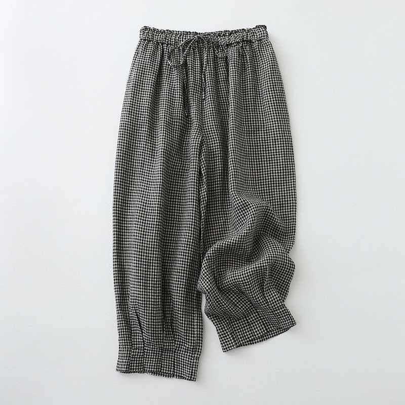 In Stock Loose Casual Jogger Pants Comfortable Plaid Pants Linen Lantern Pants Simple Versatile Cropped Pants