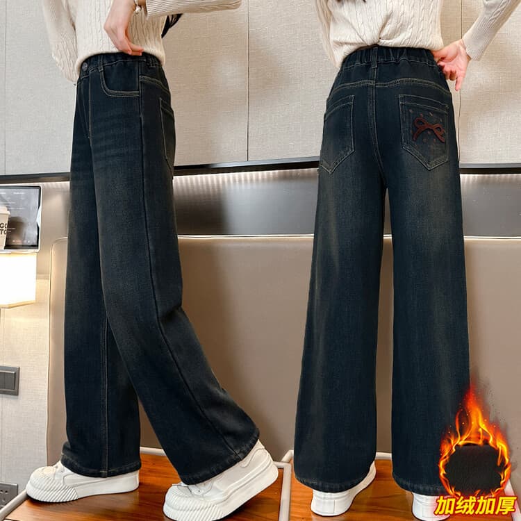 Autumn/Winter Fleece-Lined Thick Girls' Jeans, Lambswool Style, Korean Fashionable Loose Wide-Leg Pants for Medium and Large Children