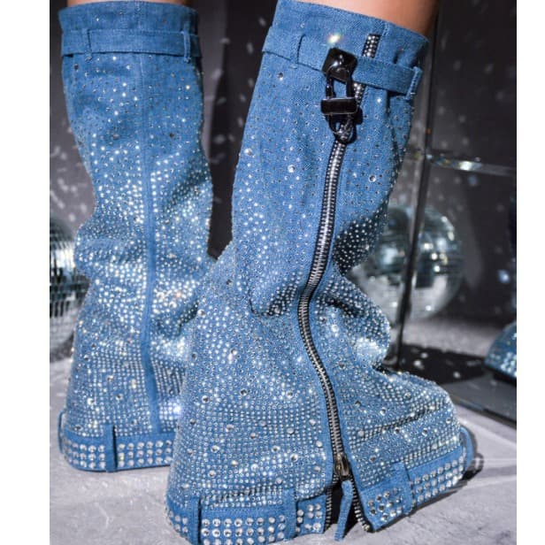 2026 Foreign Trade Thick-Soled Cowboy Boots Starry Sky Rhinestone Round Toe Women's Boots Plus Size Long Shaft Belt Buckle Wedge Heel Boots