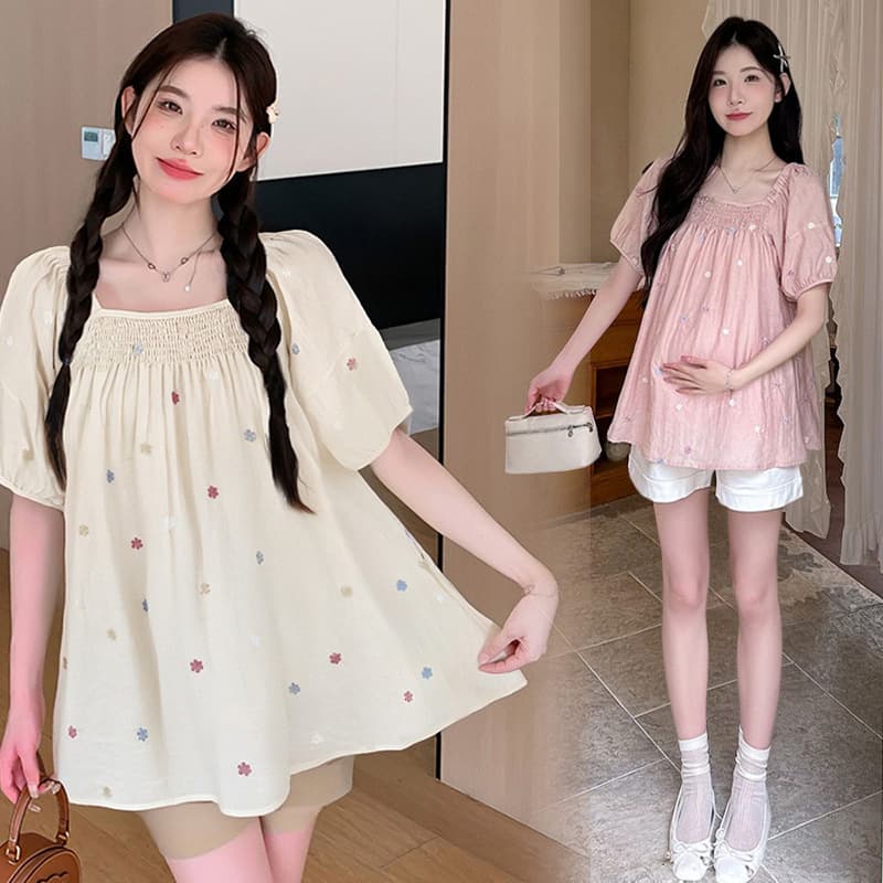 Maternity Wear, Summer Wear, Floral Embroidered Short-Sleeved Square-Neck Top, Fashionable Design, Versatile Shirt, Summer Pregnancy Clothes