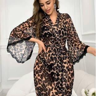 Cross-border Trade New European and American Style Sexy Lingerie Women's Leopard Print Mesh Robe Long Robe Sexy Set Wholesale
