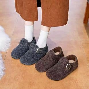 Drop Shipping Autumn Winter Fuzzy Shoes Fleece-lined Birkenstock Cotton Shoes Casual Women's Shoes Low-top Loafers Slip-on Postpartum Shoes