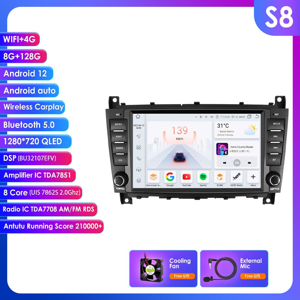8-inch Android MP5 Player with GPS and Reverse Camera for 04-11 Mercedes-Benz C-Class W203 W209