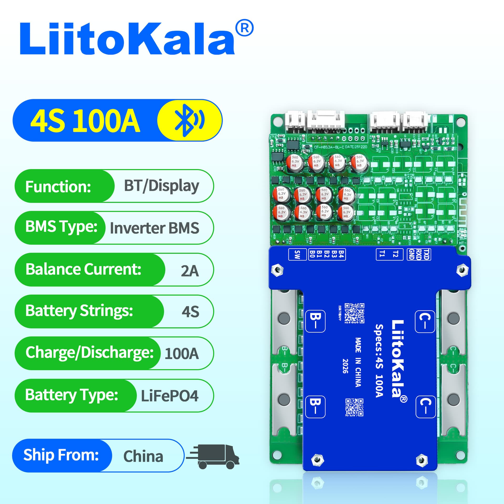 LiitoKala 4S-12V100A-LiFeP04 BMS Bluetooth Protected Board for 4 Series 12V Lithium Iron Phosphate Battery Pack