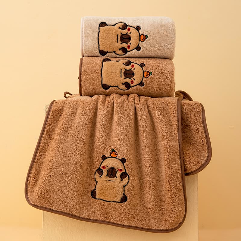 Cross-border Hot Sale Capybara Towel and Bath Towel Set, Cartoon Embroidered Coral Fleece Home Use Water-absorbent Quick-dry Bath Towel