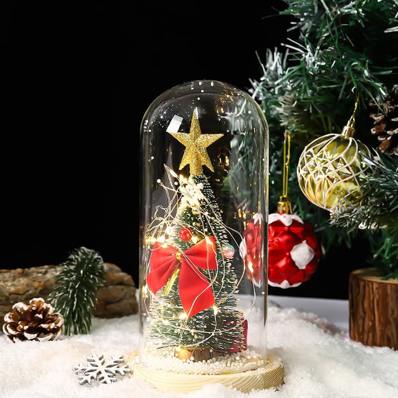Christmas gift five-pointed star snowflake glass cover Christmas tree LED light red bow decoration desktop ornaments