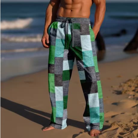 2025 new cross-border trousers men's casual pants color block printed pants Harajuku loose pants elastic band straight sports pants