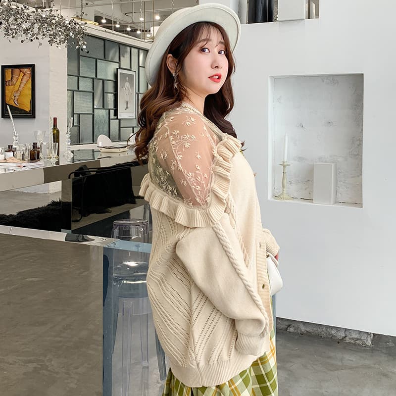 Beautiful Lace Trim Plus Size Cardigan Sweater Autumn Sweet Style Women's Clothing Wholesale Source k806