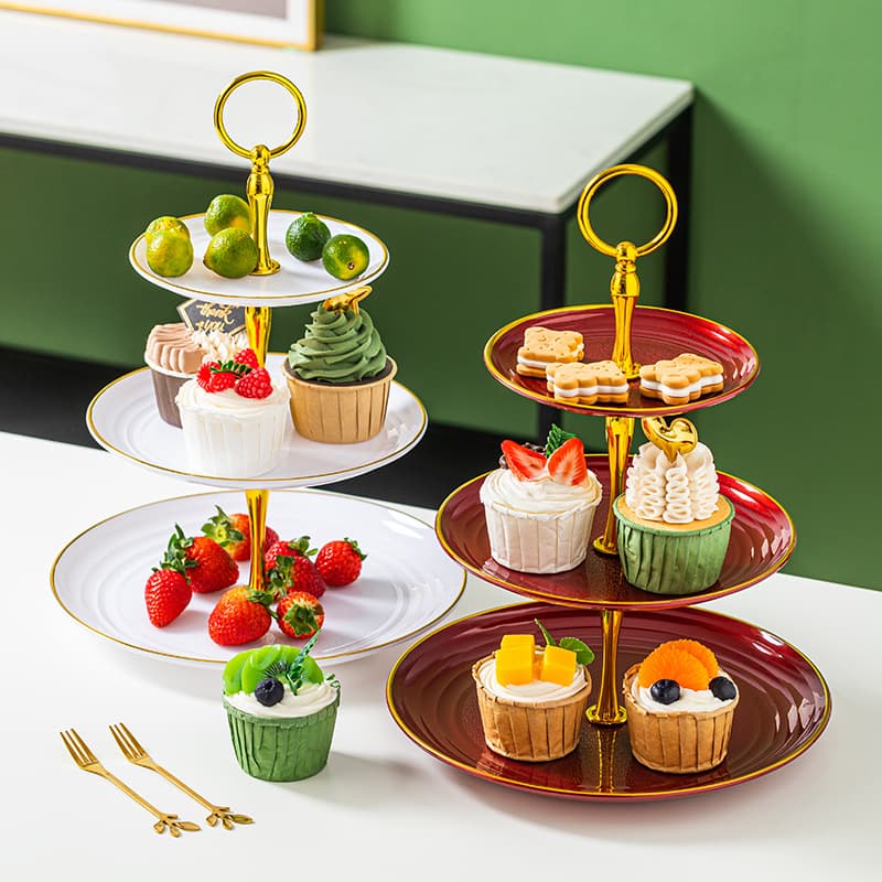 European Style Luxury Three-Layer Plastic Fruit Plate Dessert Stand Wedding Cake Plate Rimmed Fruit Tray Lightweight Cake Stand