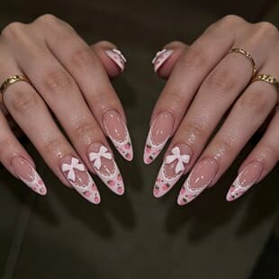 Rustic French Strawberry Wearable Nails with 3D Bow, Almond Shape, Hot Selling for Export, Wholesale