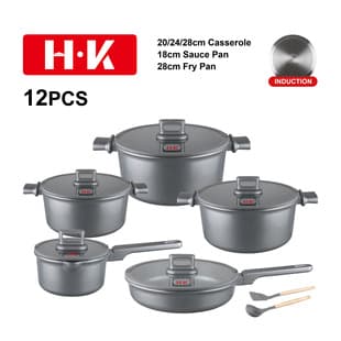 HK New Style Simple 12-Piece Set, Non-Stick Cookware Set with Composite Bottom Silicone Glass Lid, Die-Cast Pot, Stoneware Cookware