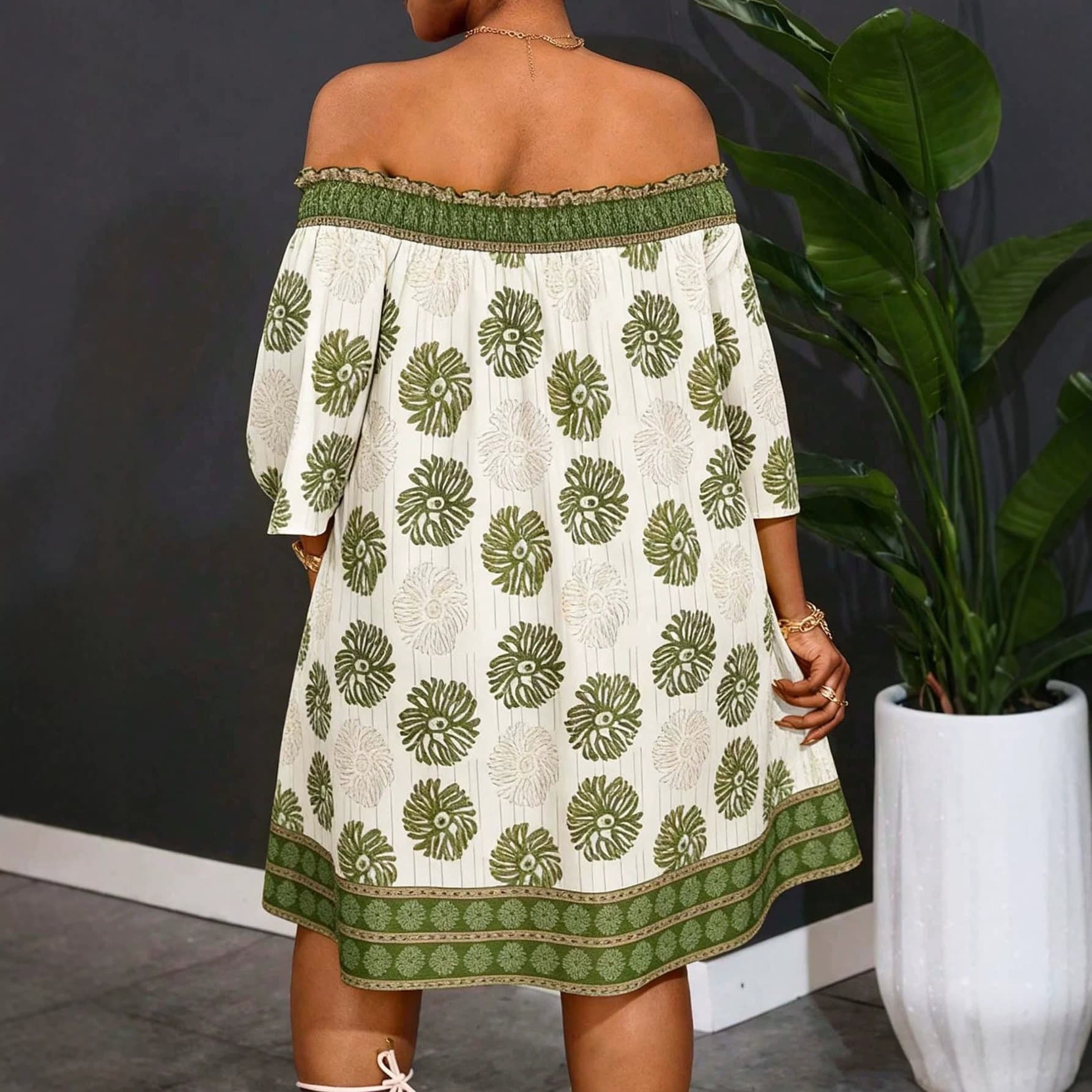 Cross-border Trade European and American Plus Size 2026 Summer New Style Elegant Off-Shoulder Printed Short-Sleeve Backless Knee-Length Dress