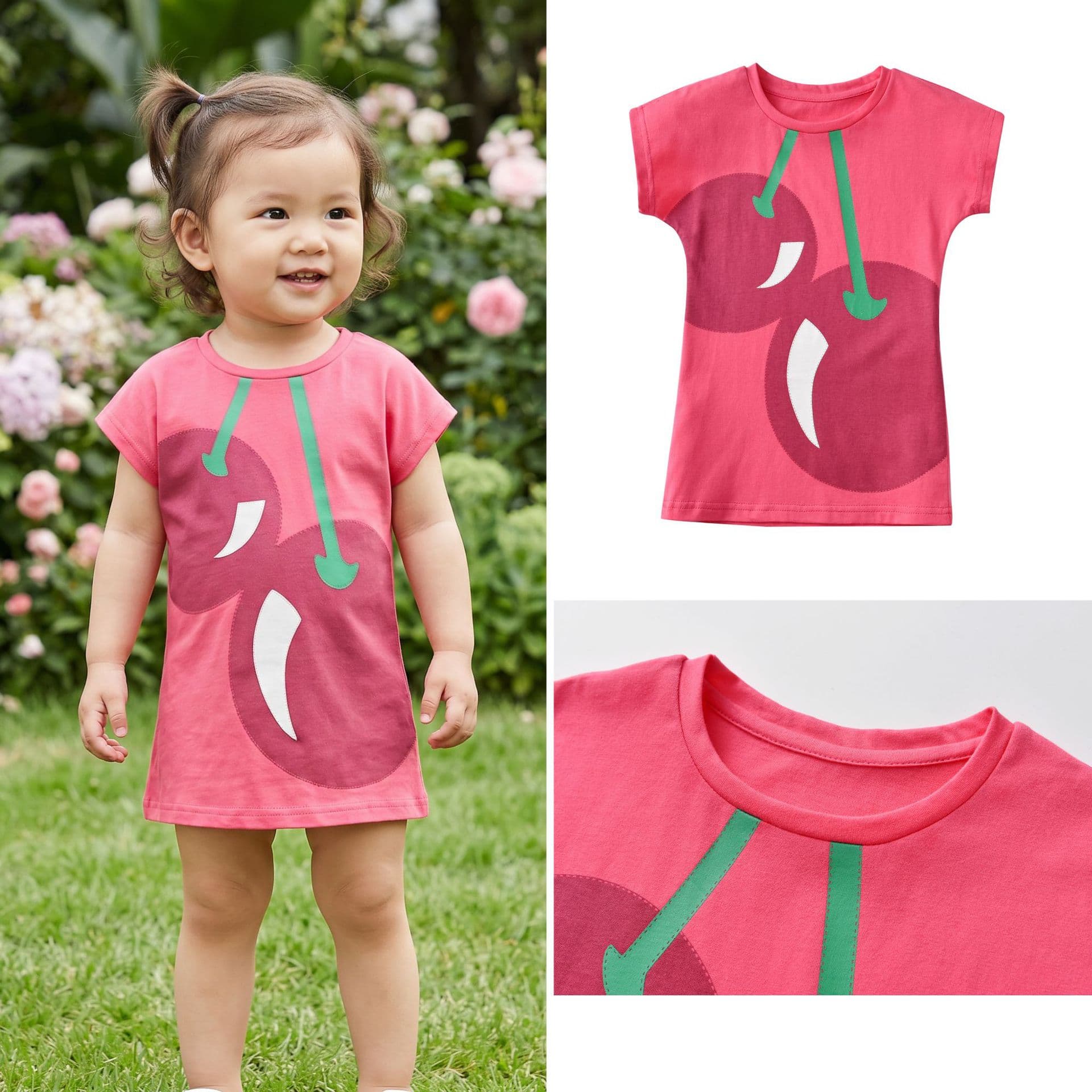 26th Summer New Style Girls' Pure Cotton Dress for 1-3 Years Old, Baby Rose Red Cherry Sports Casual Style Dress