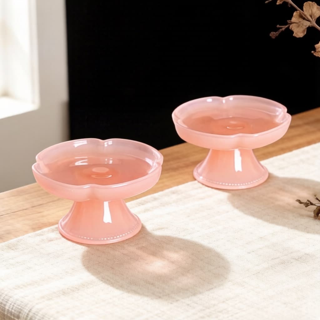 Pink Jade Glass Pedestal Tray Floral Design Tea Room Snack Plate New Chinese Zen Pedestal Dish