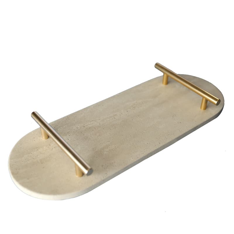 Natural marble off-white hole metal handle oval tray fruit tray coffee tray cake tray dressing table