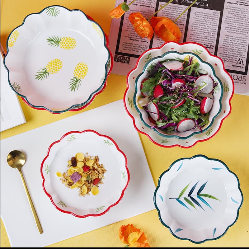 Hand-painted ceramic lace bowl, fruit salad bowl, dessert, ramen bowl, household soup bowl, personalized breakfast bowl, tableware