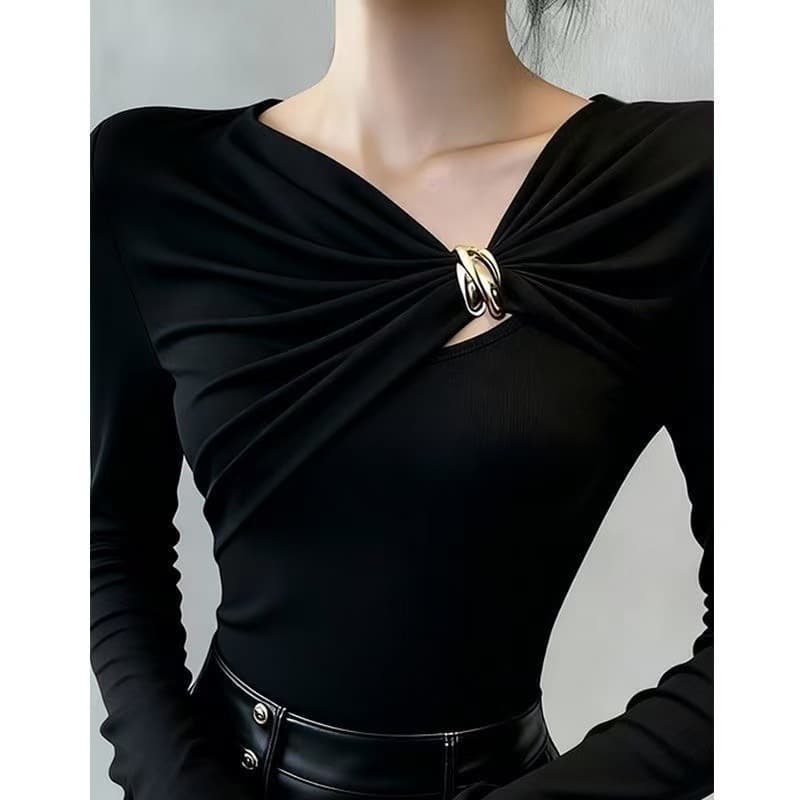 French Vintage Slant Collar Button Pleated Long Sleeve Shirt Women's Autumn Winter Inner Layering Top European American Style