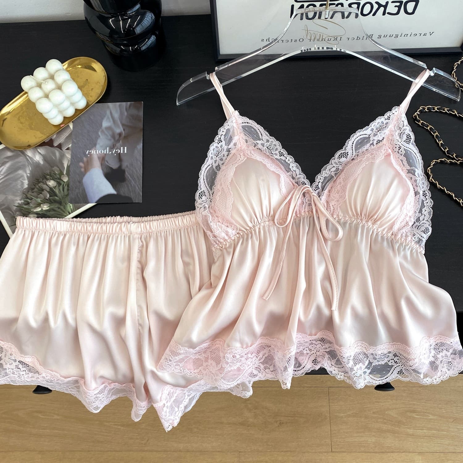 Summer Lace V-Neck Sexy Camisole Shorts Set with Padded Bra, Ice Silk Pajamas for Women