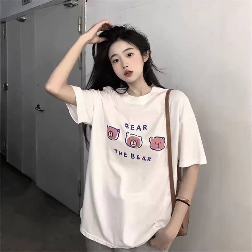 Summer Cotton Short Sleeve T-Shirt Women New Loose Fit Slimming White Printed Top Tee Ins Fashion