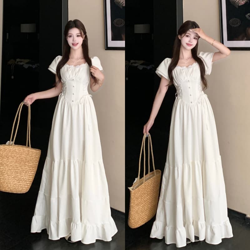 Actual Photo ~ White Manor Summer Sweet Style Solid Color Square Neck 3D Floral Long Dress with Waist-Cinching A-Line Silhouette