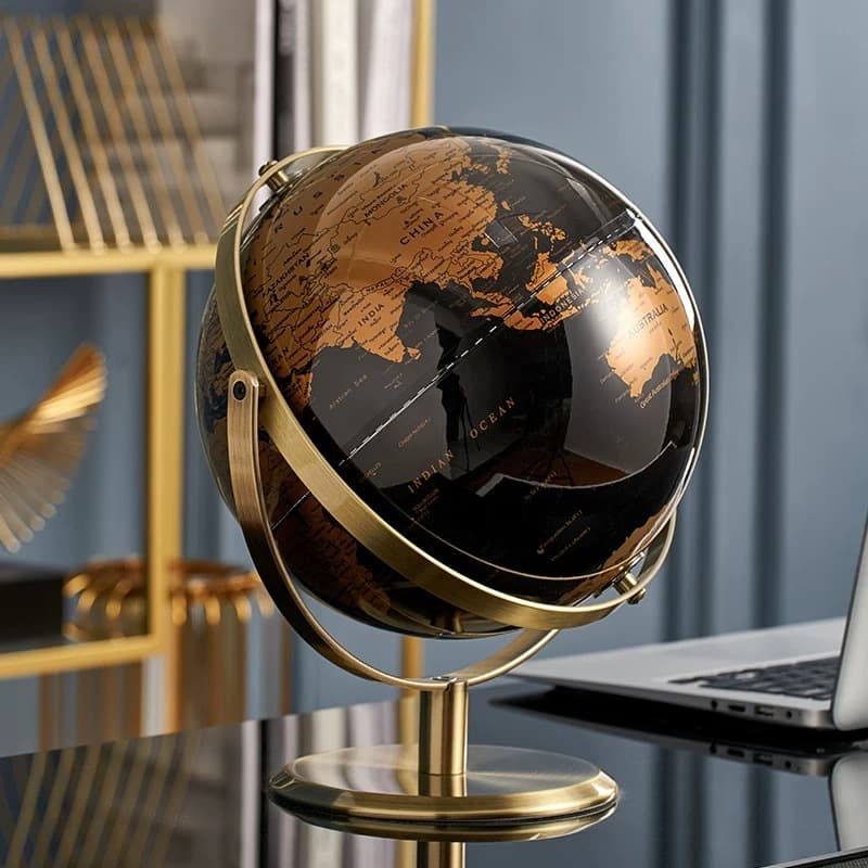 New Chinese-style office decorations, light luxury, high-end atmospheric bookcases, black gold globe decorations, globe decor technology