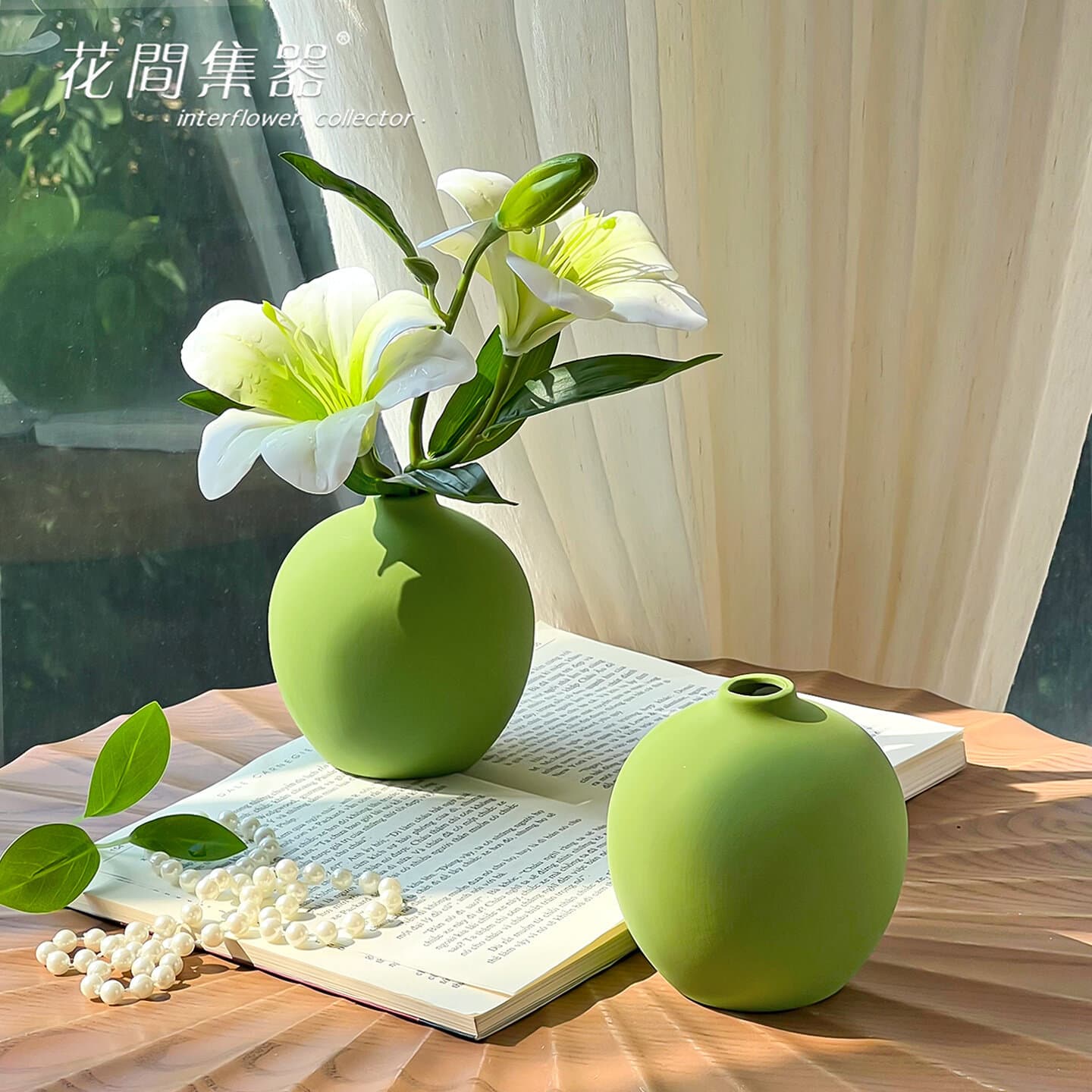 Green Apple Ceramic Vase Floral Ornament Entrance Desktop Decoration Flower Pot Pink Rose Rose Simulation Flower Small Vase