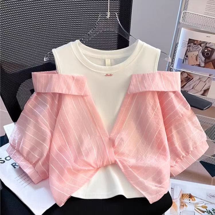 Girls' Western Style Loose Tops Shirts 2025 New Medium and Large Children's Western Style Off-Shoulder Tops T-Shirts Fake Two-piece Tops