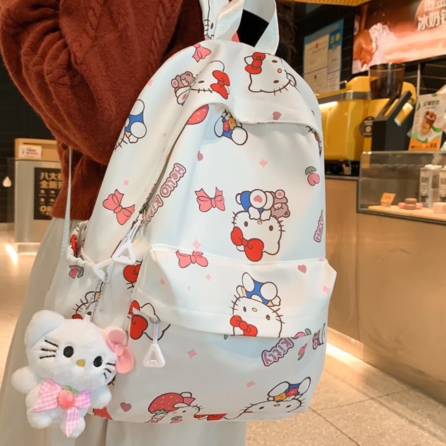 Waterproof Student Backpack Graffiti Print KT Cat Unisex Nylon Material Breathable Urban Simple Style School Education Suitable
