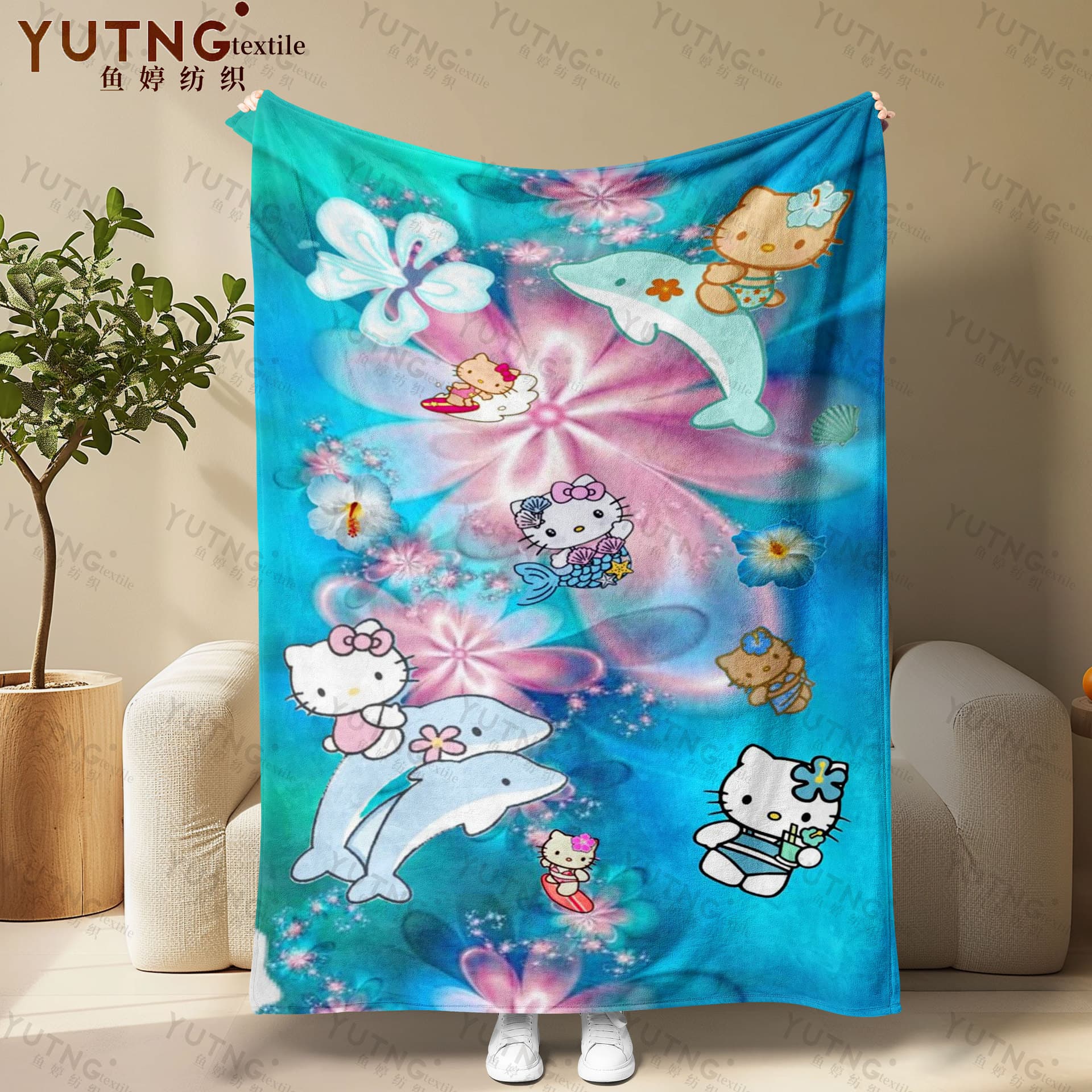 Hello Kitty Underwater World Flannel Blanket Dolphin Flower Sofa Throw Blanket Air Conditioning Blanket
