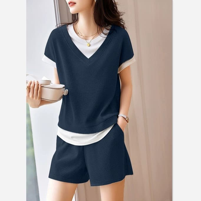 Waffle Knit New Sportswear Set, T-Shirt and Shorts Set for Women, Summer Short Sleeve Two-Piece Set, Trendy