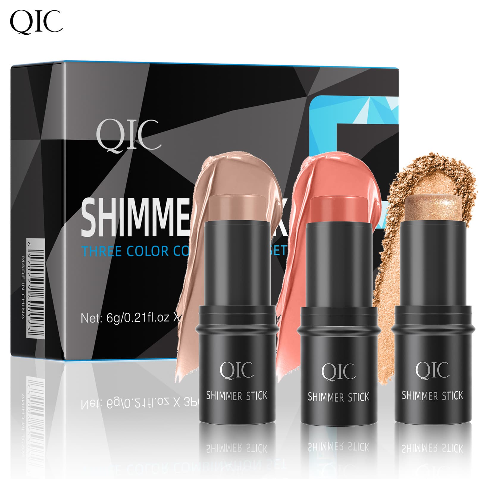 QIC 3-Color Multi-Function Contour Stick Set Bronzer Face Shadow Highlighter Blush 3in1 Makeup Stick