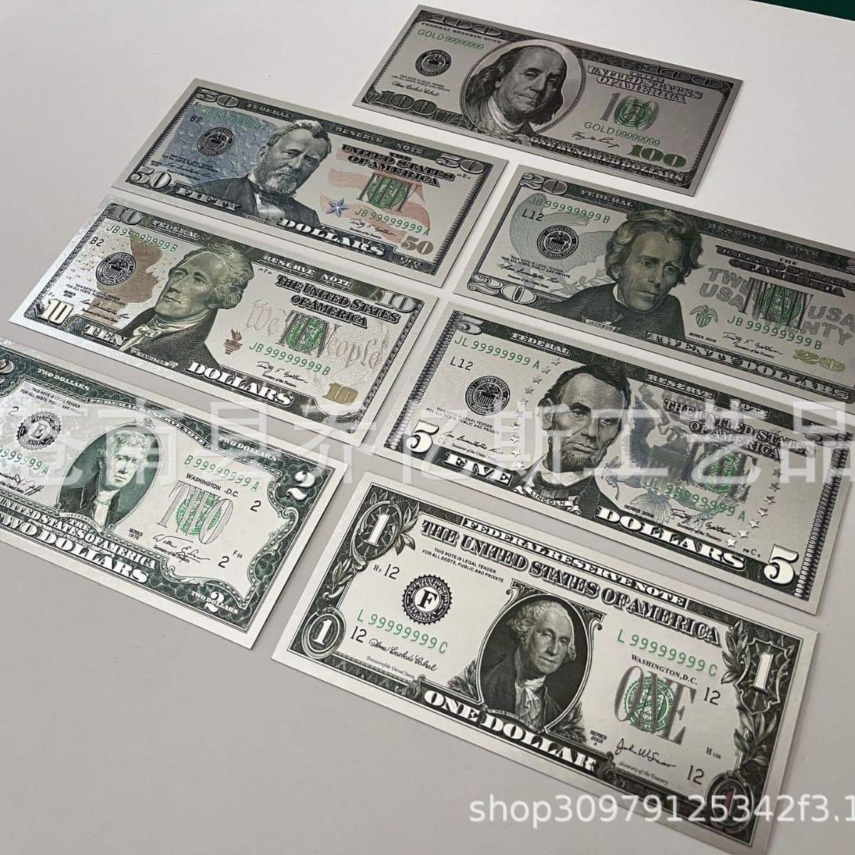 7 Plastic Silver Dollar Color Printed Fake Money Cards Toy Currency US Dollar Prop Coins