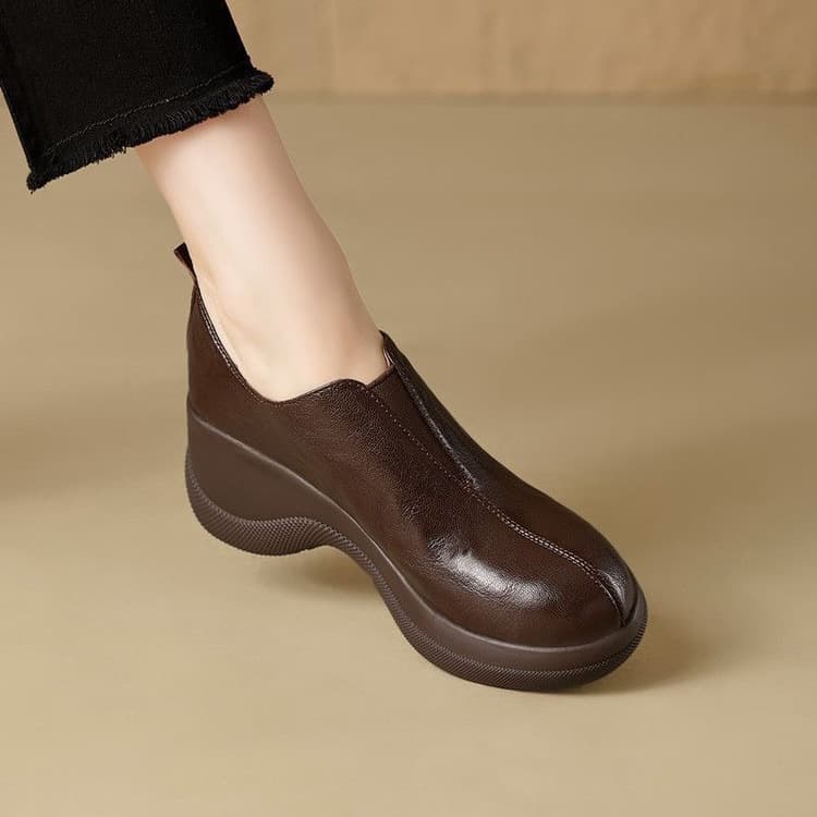 2026 New Genuine Soft Leather French Retro Wedge Heel Leather Shoes for Women, Round Toe, Deep Mouth, Chunky Heel, High Heel, Grandma Shoes