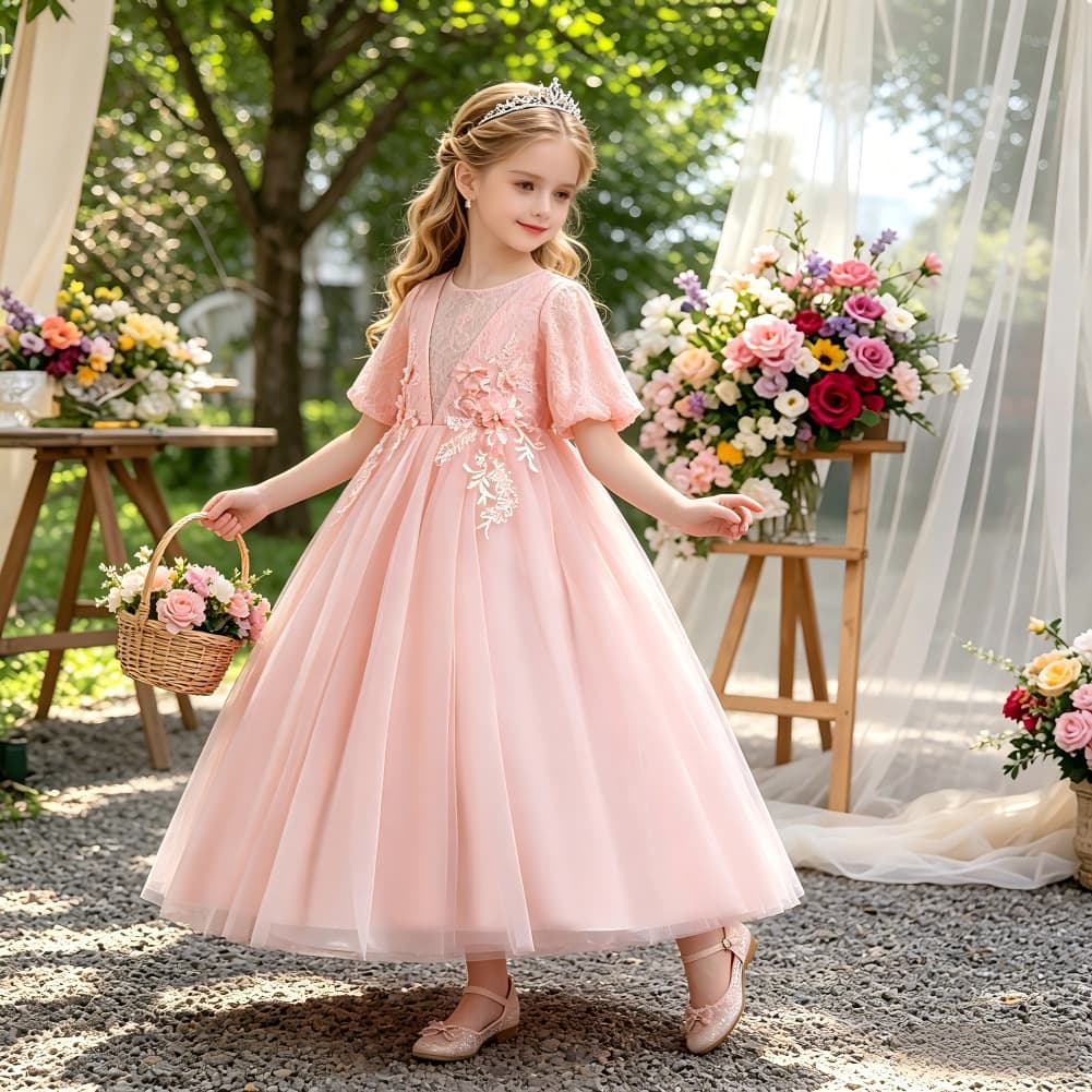 Girls dress mid-sleeve lace wedding dress long tutu skirt flower girl princess dress mid-sleeve birthday dress for older children