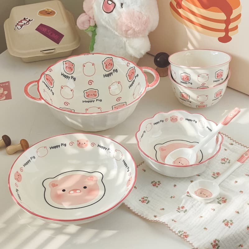 Cute Cartoon Ceramic Bowl Plate Set High Aesthetic Value Underglaze Color Home Use Dining Utensils Set Lovely Porcelain Dishware