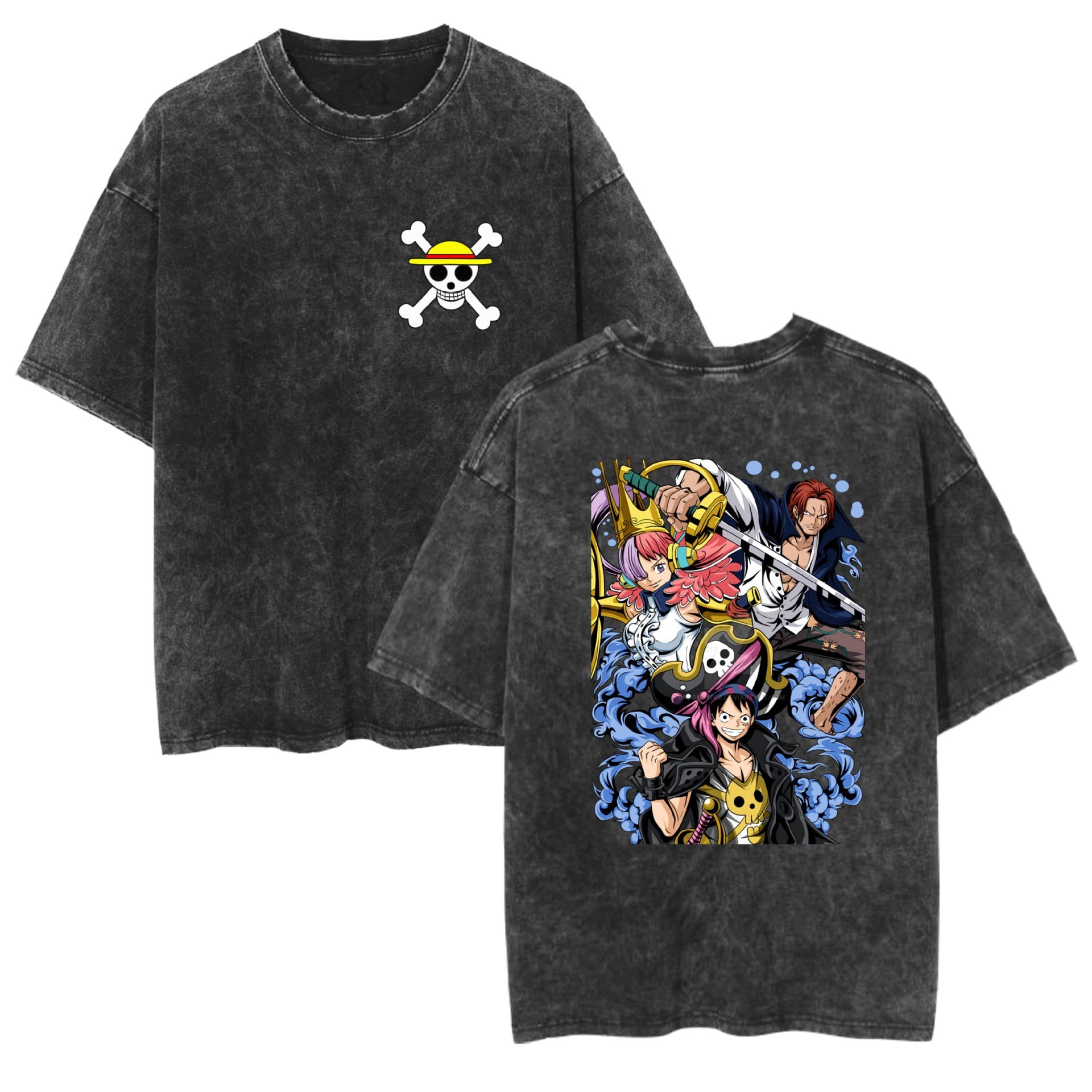 220g hip-hop street washed T-shirt anime one piece One Piece casual cotton summer short-sleeved men