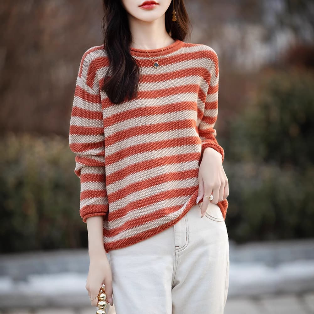Color-blocked Round Neck Striped Cotton Knit Sweater for Women 2025 Spring/Summer New Retro Artistic Plus Size Knit Top