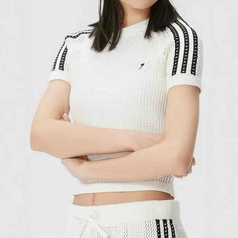 Adidas Originals In Stock Fashion Knitted Hollow Out T-Shirt Women Summer New Simple Casual Versatile Short Sleeve Top