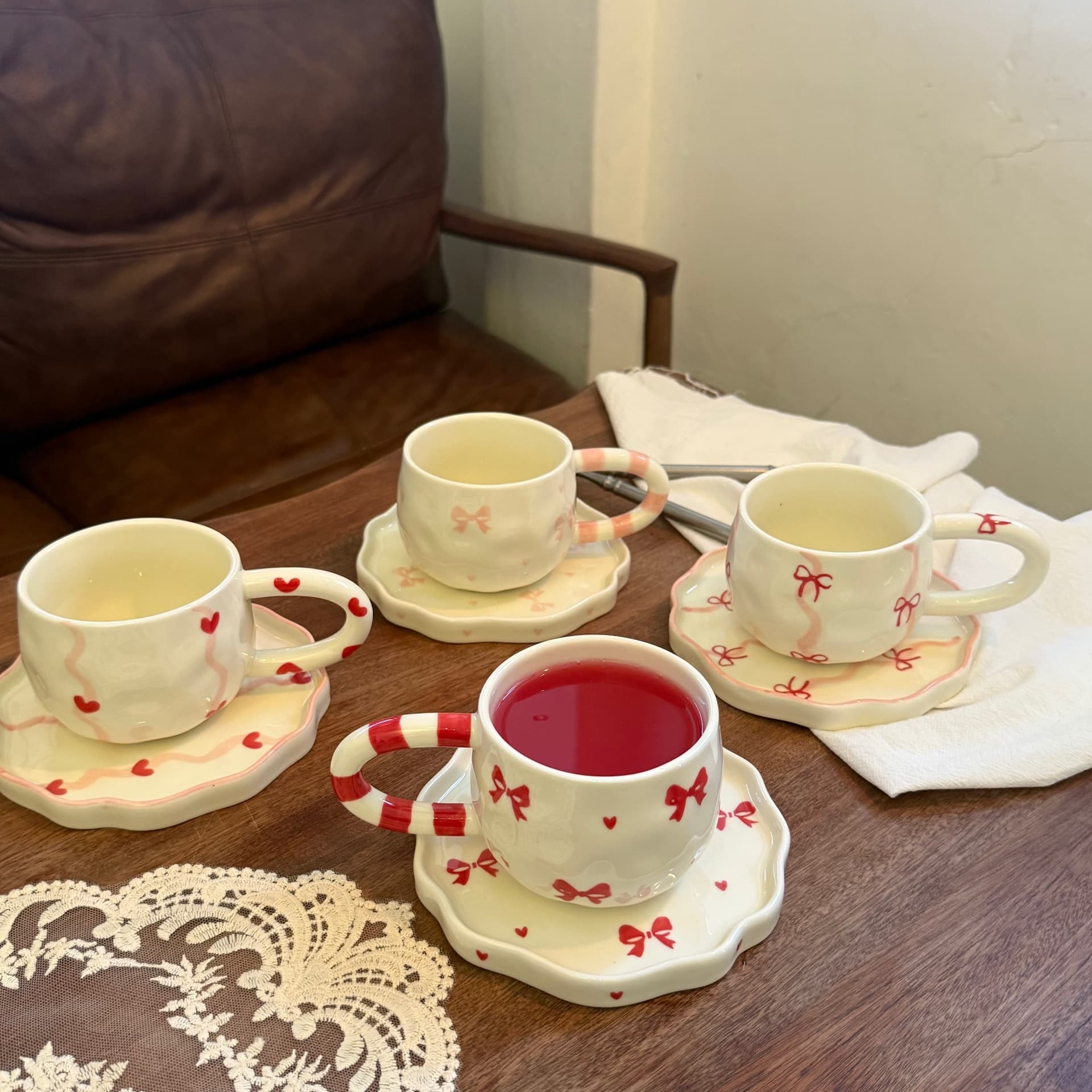 Korean Ins Style Hand-Painted Hand-Thrown Ceramic Coffee Cup and Saucer Set High-End Afternoon Tea Dessert Plate Cross-Border Cup and Saucer