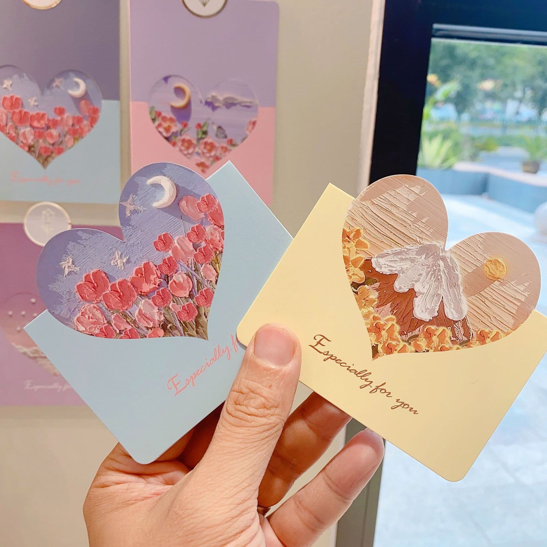 Cross-border Heart-shaped Moon 3D Oil Painting Greeting Cards, Flower-themed Festival Cards for Teacher's Day, Qixi Festival, and Valentine's Day
