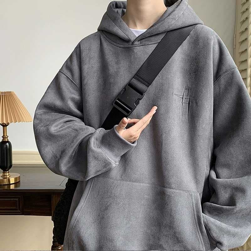 American Retro Suede Hoodie for Men Spring Autumn Winter Streetwear Embroidery Design Casual Versatile Jacket