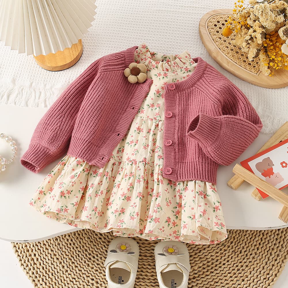 Girls' Fall Trendy Knit Cardigan + Floral Dress Two-Piece Set, Sweet and Stylish for Baby Girls