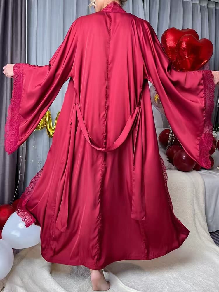 Cross-border New Satin Long Nightgown for Women Lace Light Luxury Long Sleeve Cool Robe Bathrobe Loungewear Women 7777