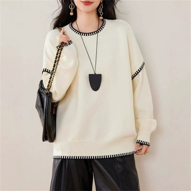 Korean Oversized 2026 Fall/Winter New Relaxed Style Hand-Stitched Contrast Color Round Neck Pullover Knit Sweater for Women