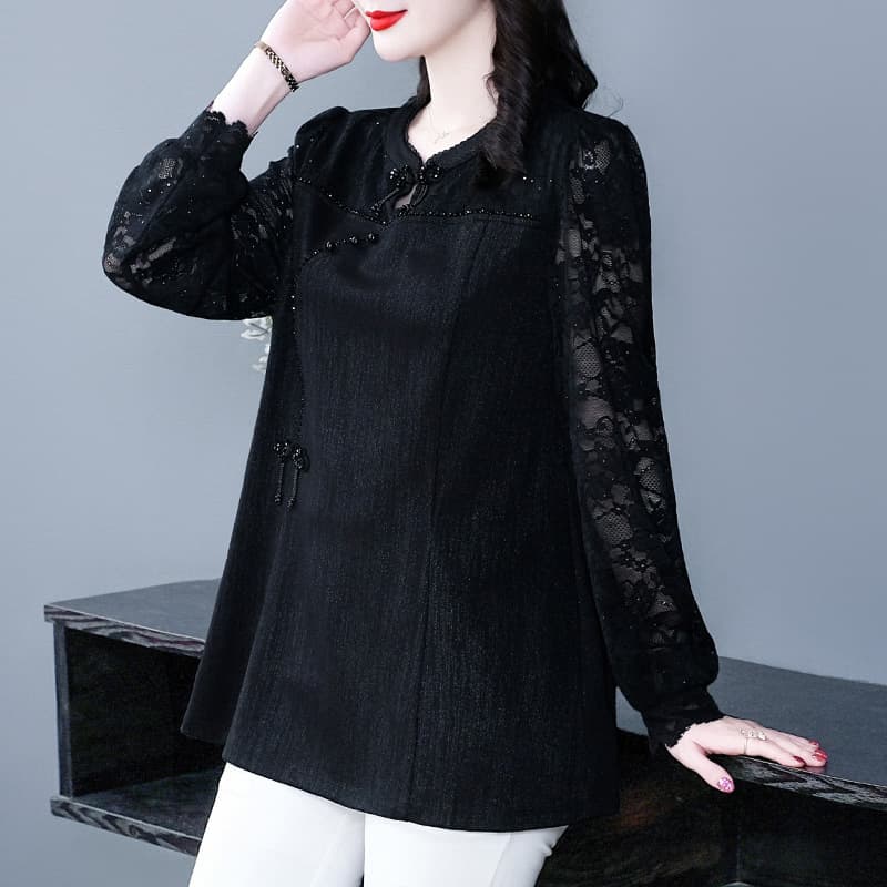 2025 Autumn/Winter New Style Chinese Style Button-Down Long-Sleeved Lace Retro Stand Collar Shirt Top Plus Size Women's Clothing