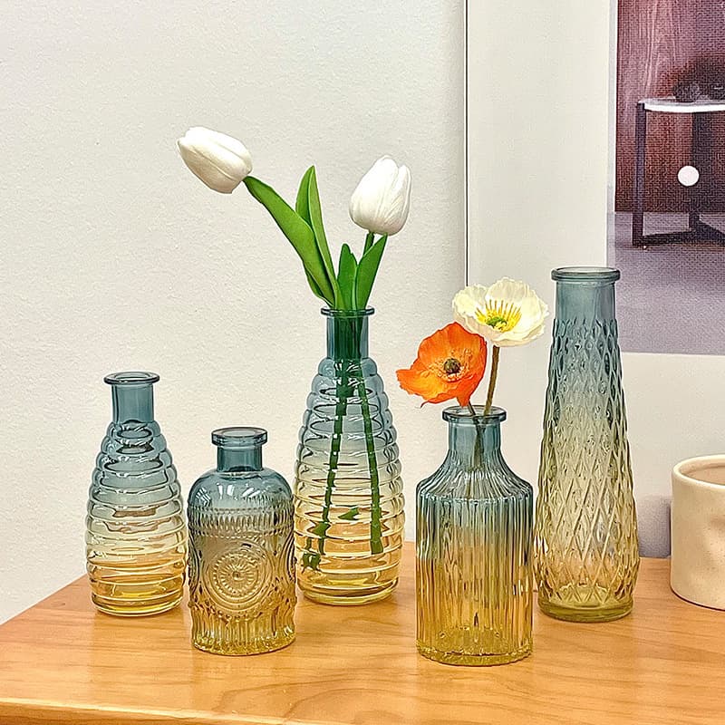 European Ins-style Vintage Transparent Glass Flower Vase Small Mouth Living Room Dried Flower Table Decoration