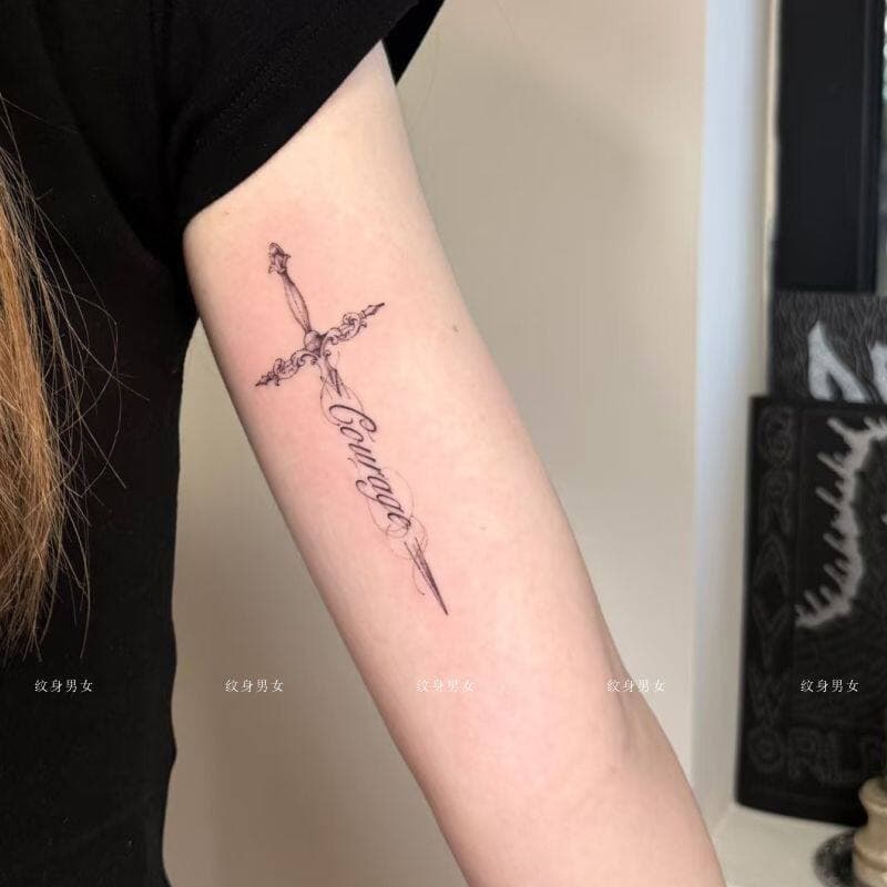 Minimalist Line Blade Cross Juice Tattoo Sticker, Niche High-End Floral English Arm Herbal Tattoo